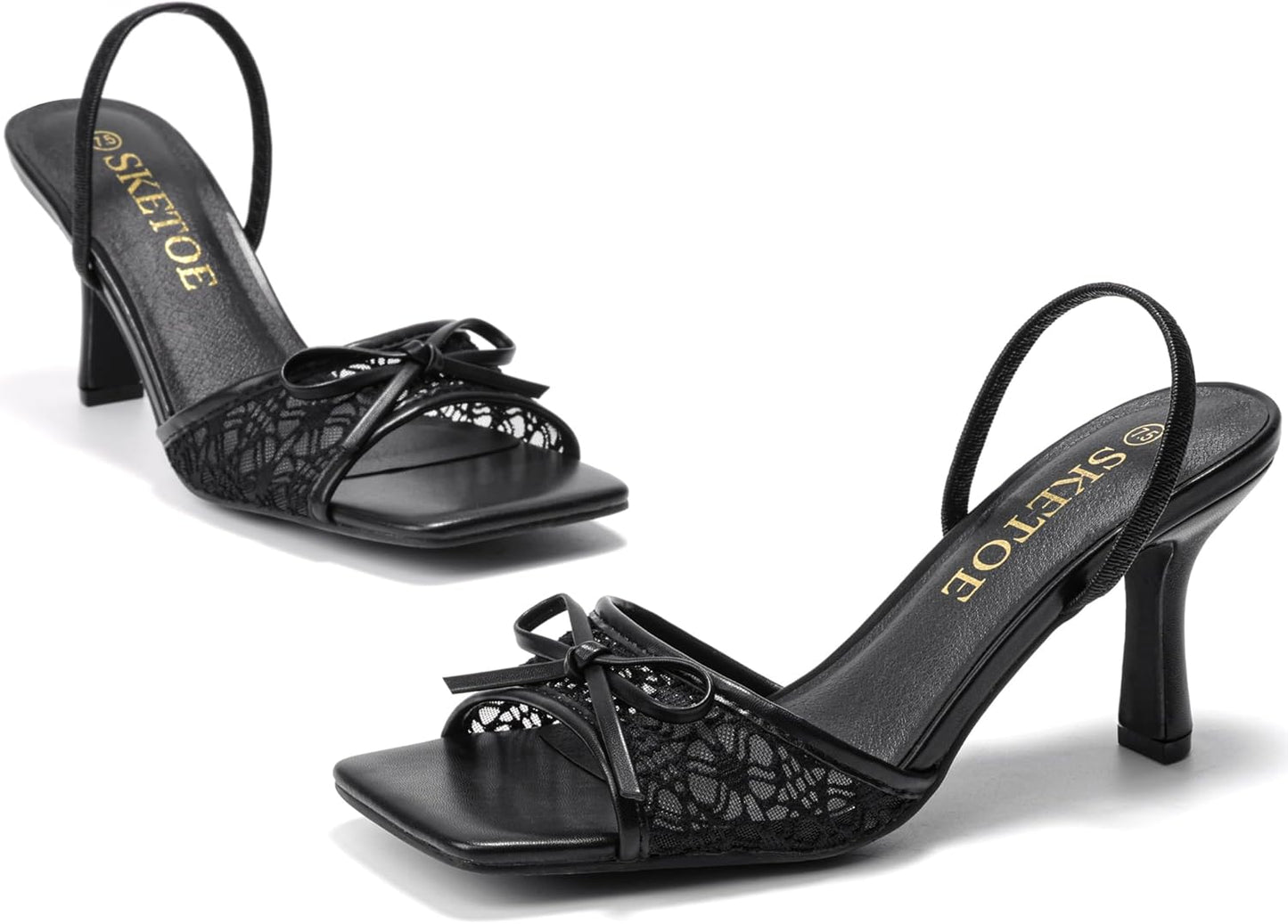Bow Kitten Heels for Women Square Toe Mesh Sandals Knots Heels for Wedding Party