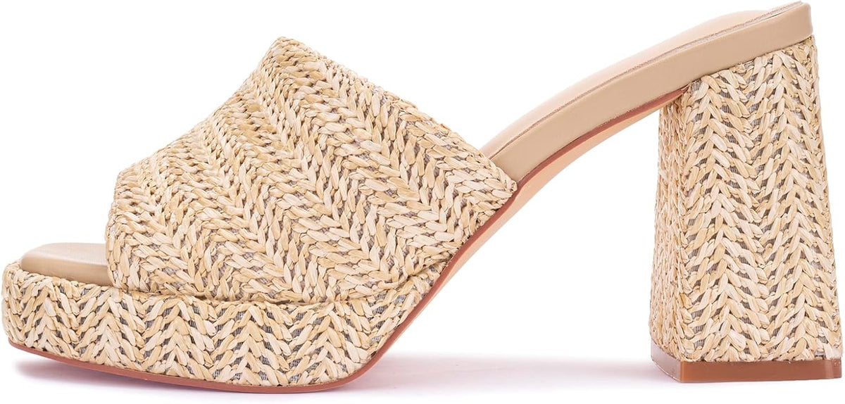 Monrovia Raffia Platform Heels for Women – Chunky Block Open Toe Woven Slides, Natural Straw Summer Dressy Vacation Sandals, Comfortable Heeled Slip On Mules