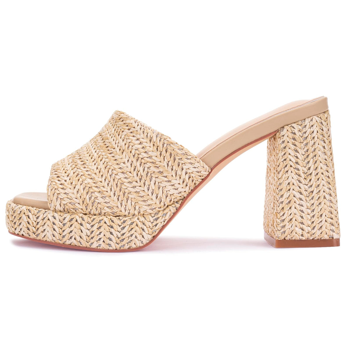 Monrovia Raffia Platform Heels for Women – Chunky Block Open Toe Woven Slides, Natural Straw Summer Dressy Vacation Sandals, Comfortable Heeled Slip On Mules