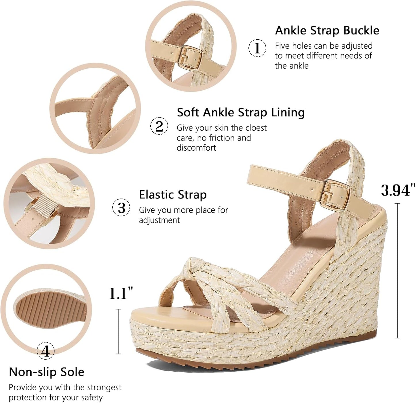 mikarka Womens Wedge Sandals Comfortable: Dressy Platform Espadrille Wedges | Open Toe Summer Heels Shoes, Arch Support for All-Day Wear, Adjustable Ankle Strap, Braided Knot Casual Daily, Vacation