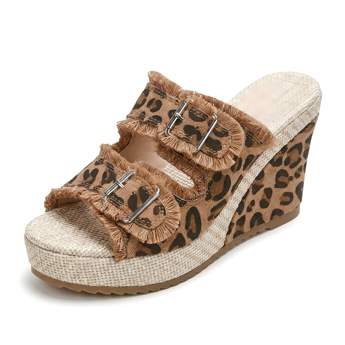Denim Wedge Slide Mules with Double Buckle Espadrille Platform for Women | Frayed Trim Wide Band Open Toe Slip-On Sandals with Adjustable Hardware Cushioned Comfort for Beach Vacation Daily Wear