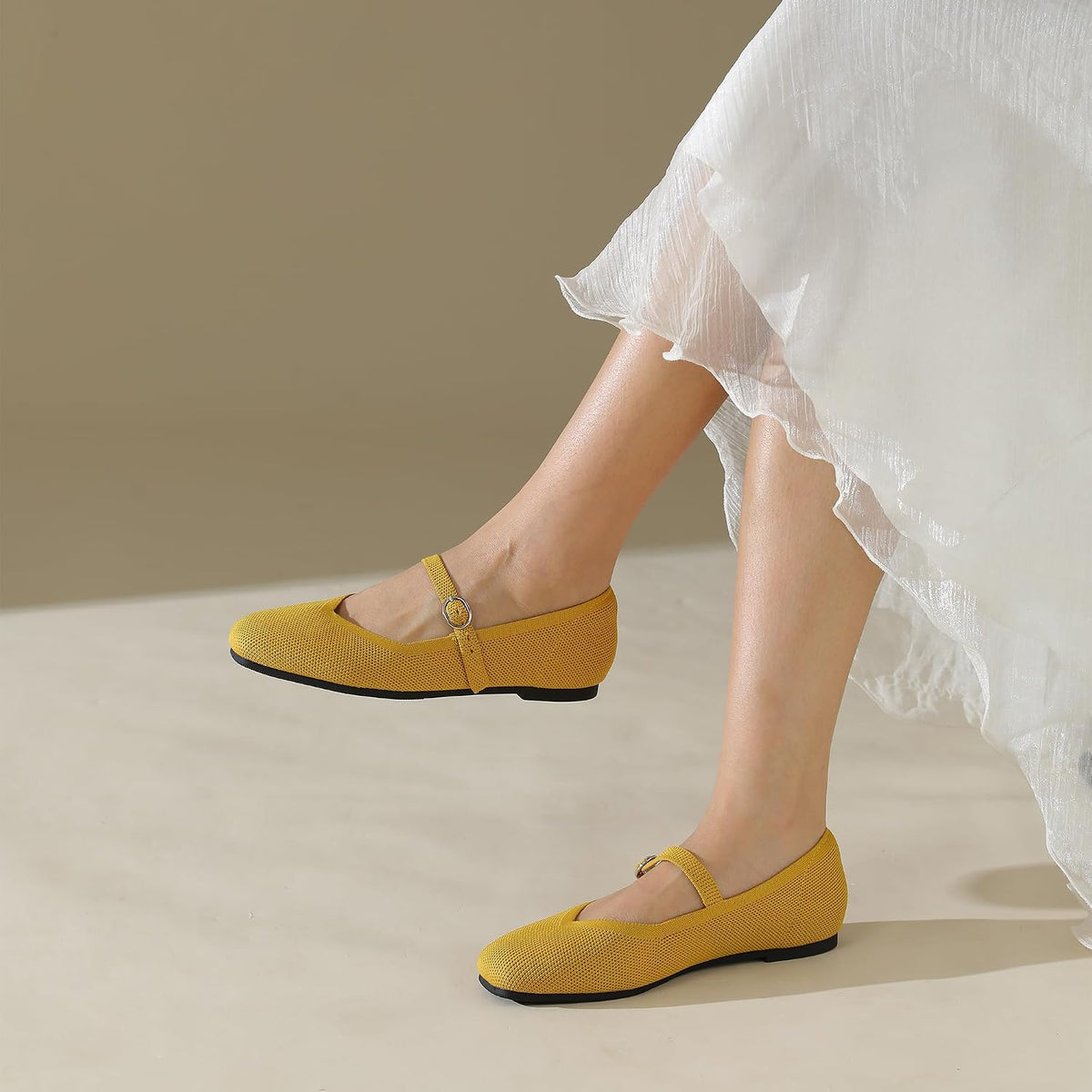 Knit Flats for Women Square Toe Casual Ballet Flat Shoes with Ankle Strap Washable Comfortable Formal Mary Jane Flat Shoes