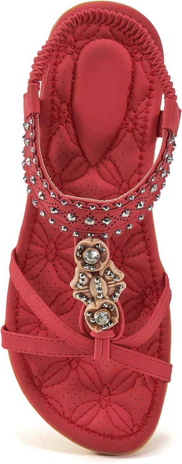 Alicegana Dressy Womens Sandals Summer: Comfortable Jeweled Bohemian Flats Sandals Women for Vacation & Wedding - Casual Walking Woman Shoes with Elastic Ankle Strap