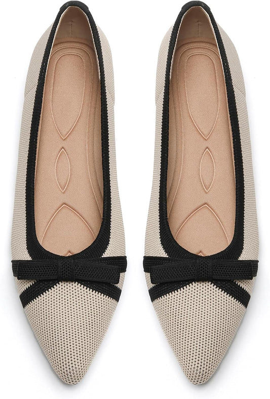 Flats for Women Pointed Toe Knit Foldable Ballet Flat Shoes | Stretch knit upper,built-in arch support,cushioned insole,foldable lightweight design,non-slip sole,office and casual wear