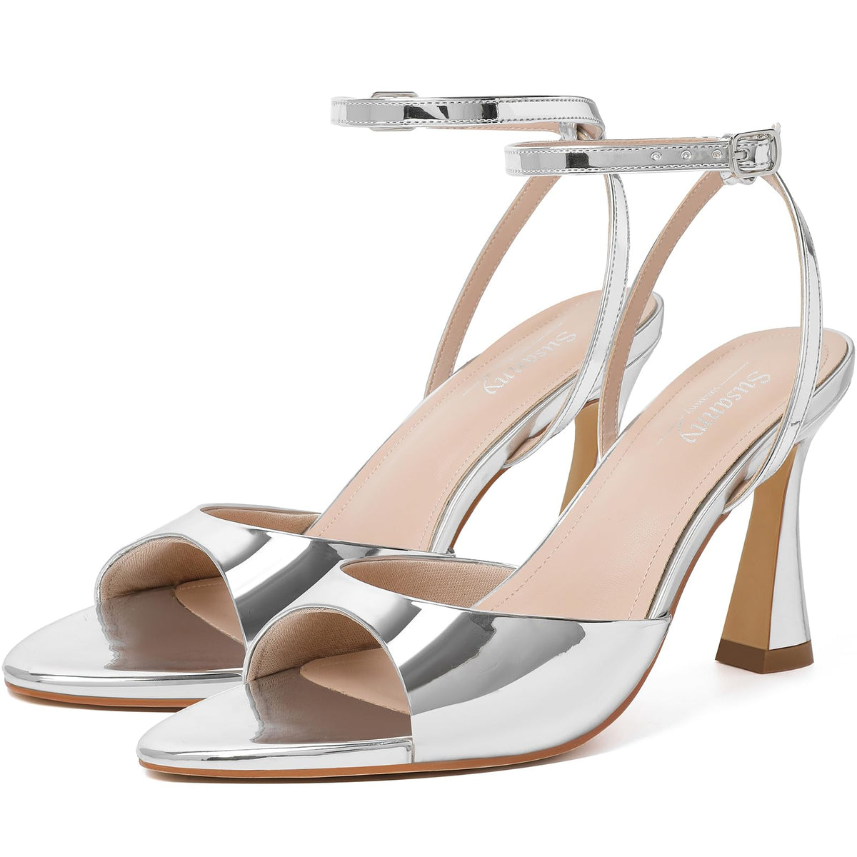 Susanny High Heels for Women Pointed Open Toe Strappy Chunky Block Heels Ankle Strap Stiletto Kitten Heeled Sandals Wedding Bridal Party Prom Sexy Dress Shoes