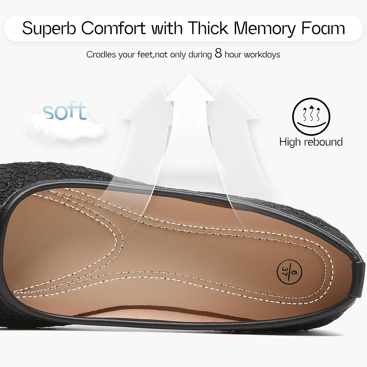 Shupua Black Flats Womens Dress Shoes Comfortable Slip On Ballet Flat | Dressy Lace Ballerina Shoes with Cute Bow, Cushioned Insole, Casual, Formal, Work, Bridal, Wedding, Comfort, Ladies