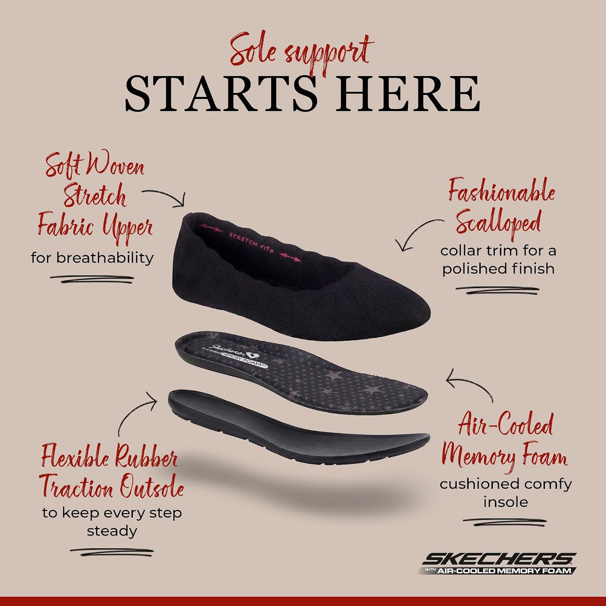 Skechers Women's Cleo Bewitch Ballet Flat | Modern Comfort Casual, Air-Cooled Memory Foam, Stretch Fit, Machine Washable, Vegan