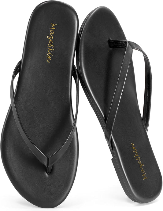 mazeskin Womens Memory Foam Flip Flops Flat Thong Sandals | Soft Vegan Leather Comfortable Cushioned Casual Dressy Beach Summer Minimalist Slim Slide Shoes Indoor Outdoor