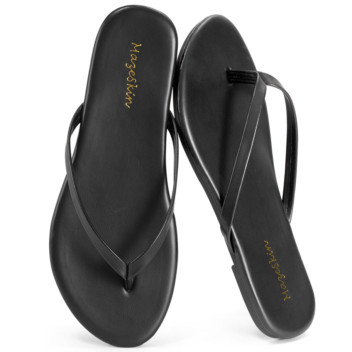 mazeskin Womens Memory Foam Flip Flops Flat Thong Sandals | Soft Vegan Leather Comfortable Cushioned Casual Dressy Beach Summer Minimalist Slim Slide Shoes Indoor Outdoor