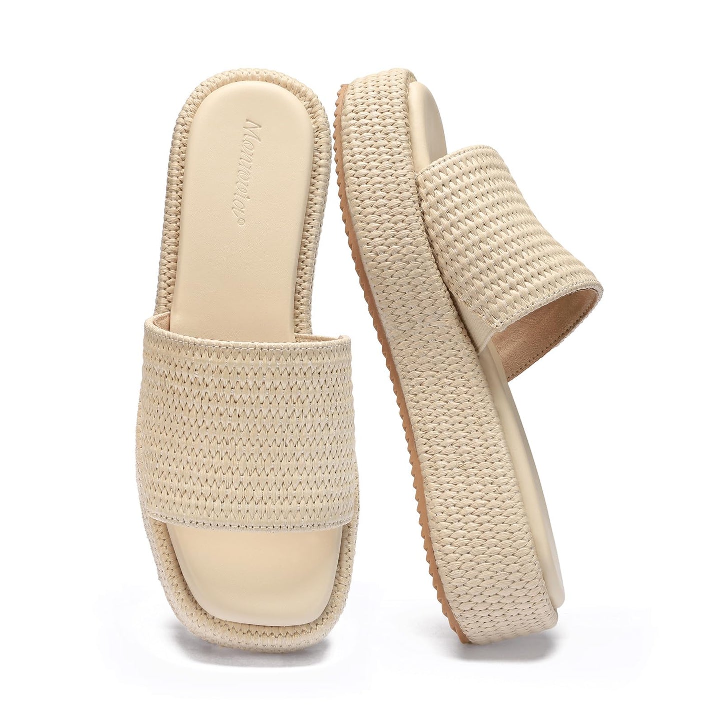 Monrovia Platform Sandals Women Raffia Espadrille Slides, Woven Straw Flatform Beach Sandals Women, Slip On Summer Vacation Shoes, Comfortable Casual Daily Wear