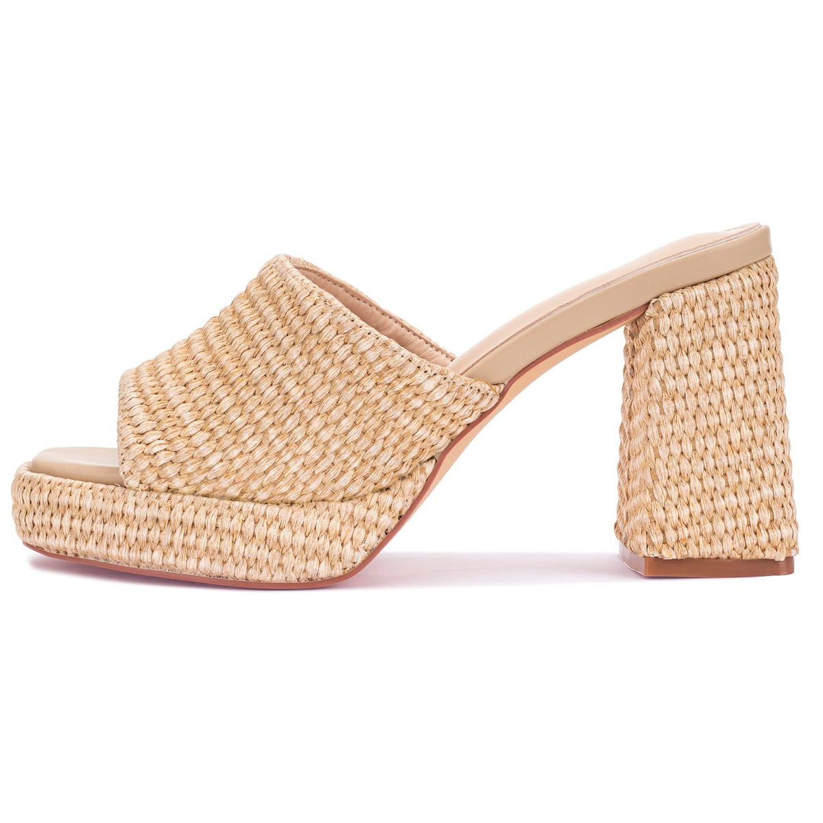 Monrovia Raffia Platform Heels for Women – Chunky Block Open Toe Woven Slides, Natural Straw Summer Dressy Vacation Sandals, Comfortable Heeled Slip On Mules