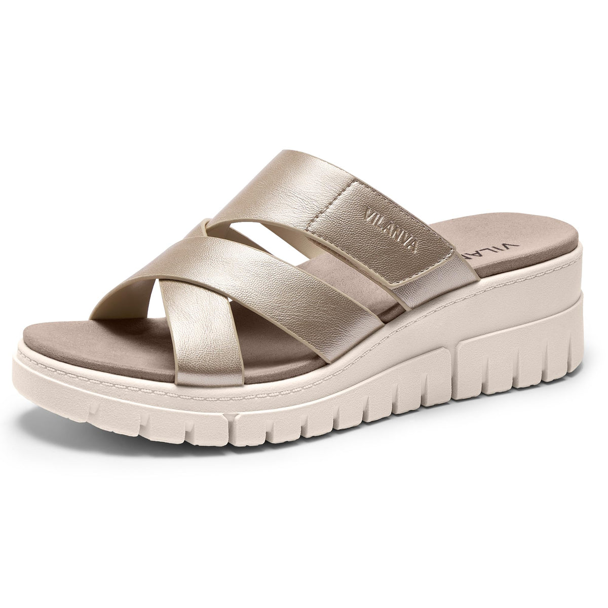 Vilanva Women's Orthopedic Platform Slip On Slides | Comfortable Arch Support, 2-Inch Wedge Heel, Adjustable Velcro Strap