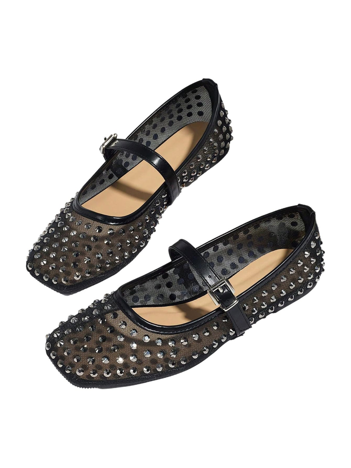 BEAUDRM Women's Polka Dots Mesh Ballet Flats Cute Lace Ballerina Flats | Closed Toe, Square Maryjane Flat, Dressy Casual Work Shoes, Leopard, Lace, Floral, Wedding