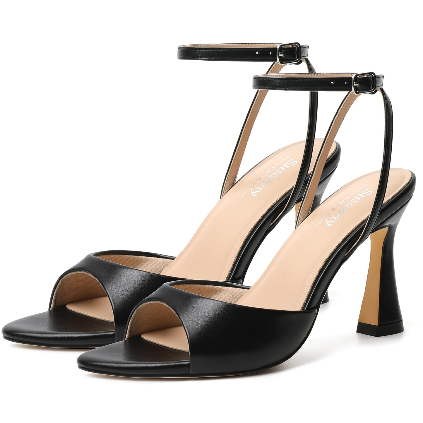 Susanny High Heels for Women Pointed Open Toe Strappy Chunky Block Heels Ankle Strap Stiletto Kitten Heeled Sandals Wedding Bridal Party Prom Sexy Dress Shoes