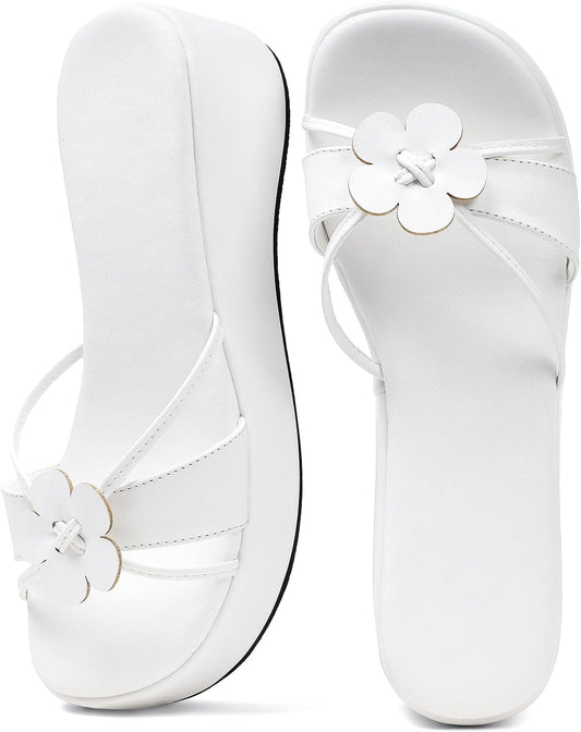 Accloris Floral Platform Sandals Women Chunky Wedge Cute Square Toe | Unique Floral Shape · 2" Heel & 1.06" Platform · PU Upper · Comfy Padded — 4 Colors, Summer Beach Shoes, Resort to Everyday