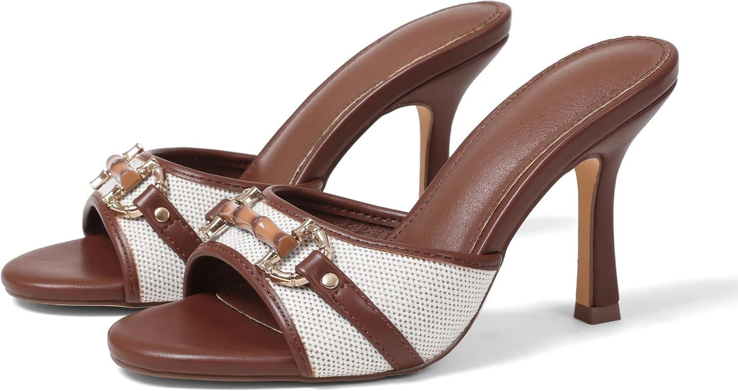 AOSPHIRAYLIAN High Heels Brown Heels for Women Open Toe Kitten Heel Sandals | Unique Buckle·Comfy Padded·Round Toe·3.3" Heel Height·Leather Upper·Peep Toe·Lightweight —Summer, Wedding, Party to Office