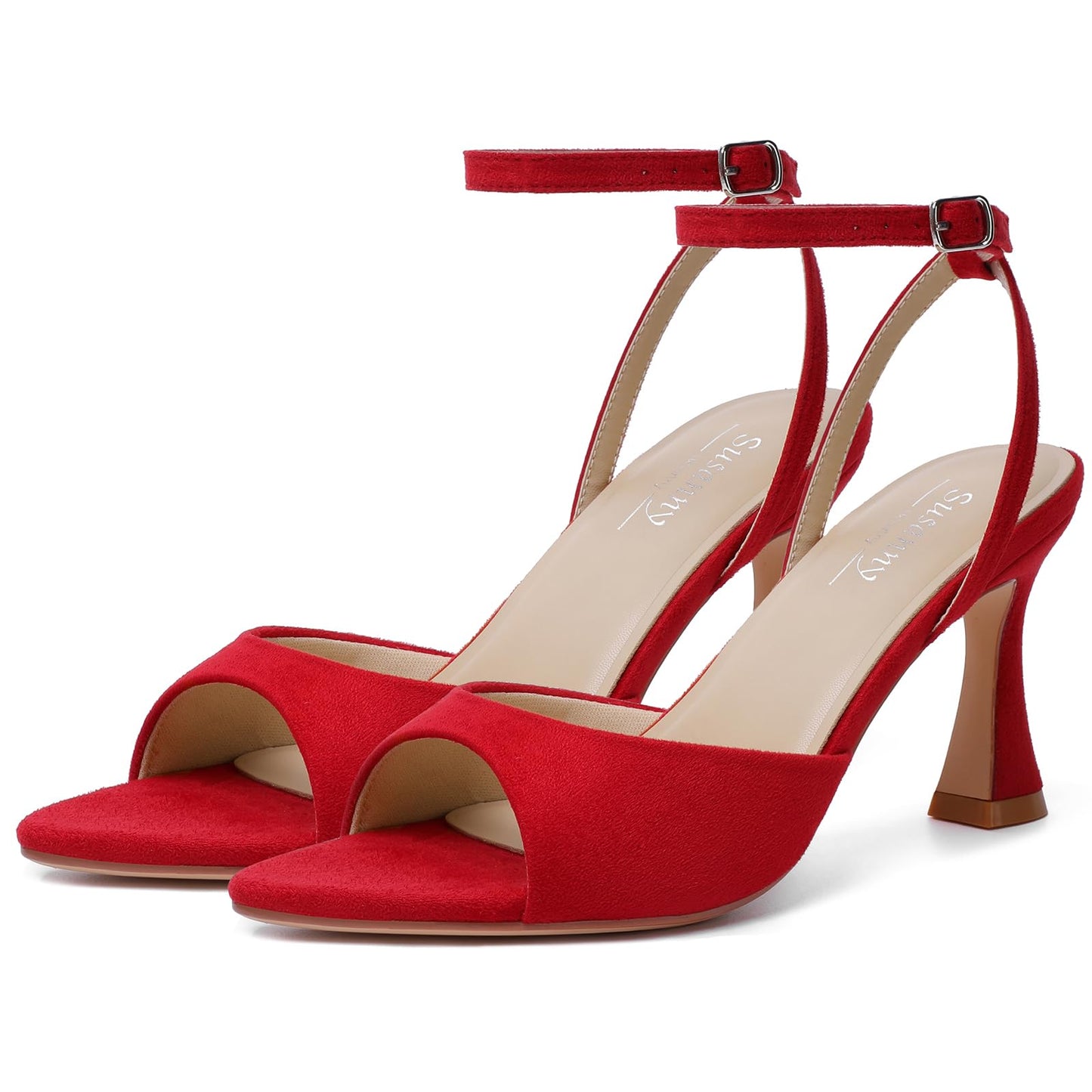 Susanny High Heels for Women Pointed Open Toe Strappy Chunky Block Heels Ankle Strap Stiletto Kitten Heeled Sandals Wedding Bridal Party Prom Sexy Dress Shoes