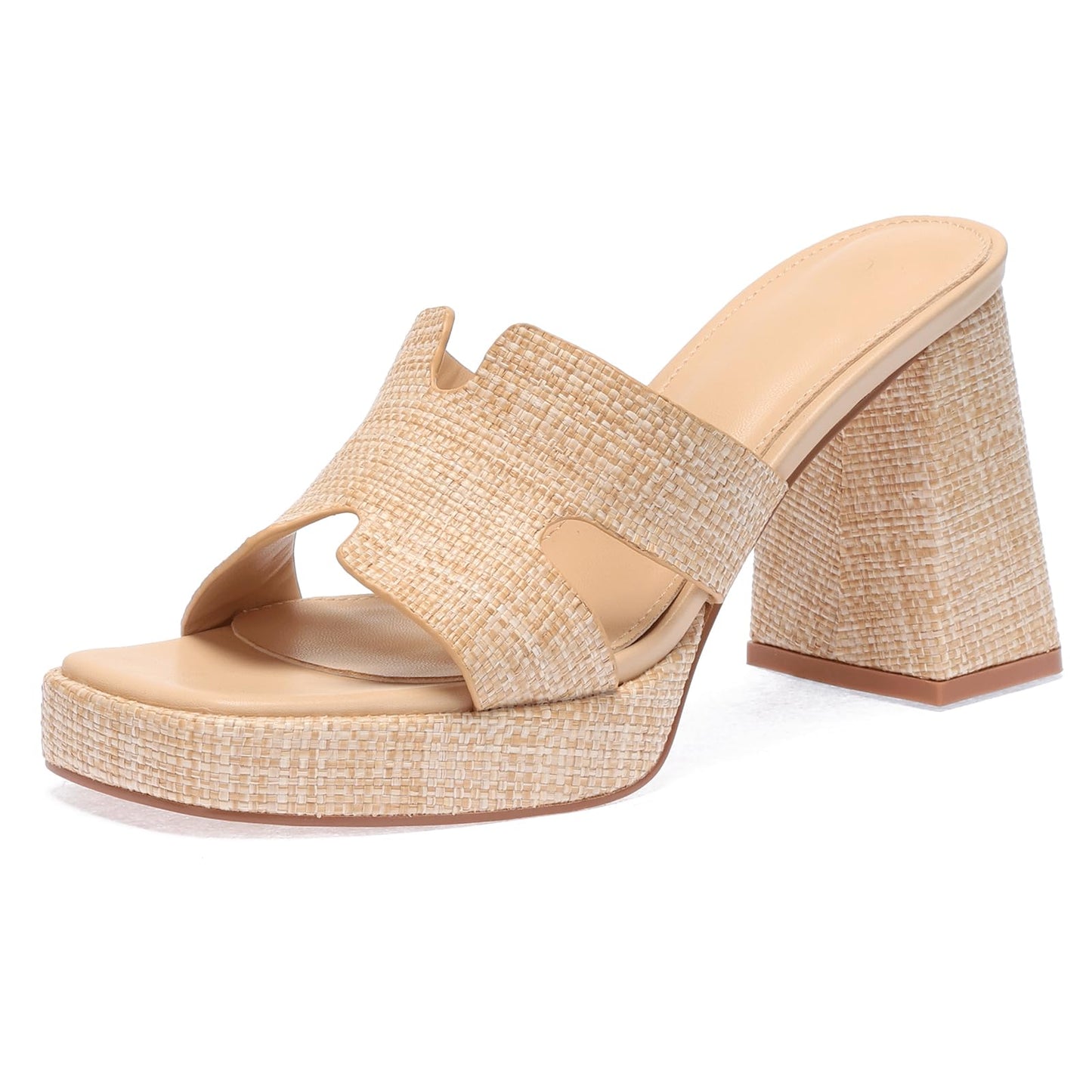 Monrovia Raffia Platform Heels for Women – Chunky Block Open Toe Woven Slides, Natural Straw Summer Dressy Vacation Sandals, Comfortable Heeled Slip On Mules