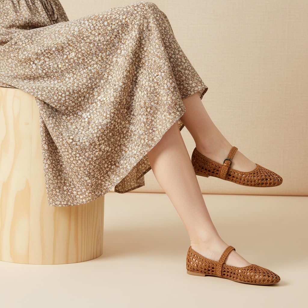 CUSHIONAIRE Weston Hand Woven Mary Jane Flats for Women, Comfortable Dressy Ballet Flats with Braided Adjustable Buckle and Memory Foam Cushioning