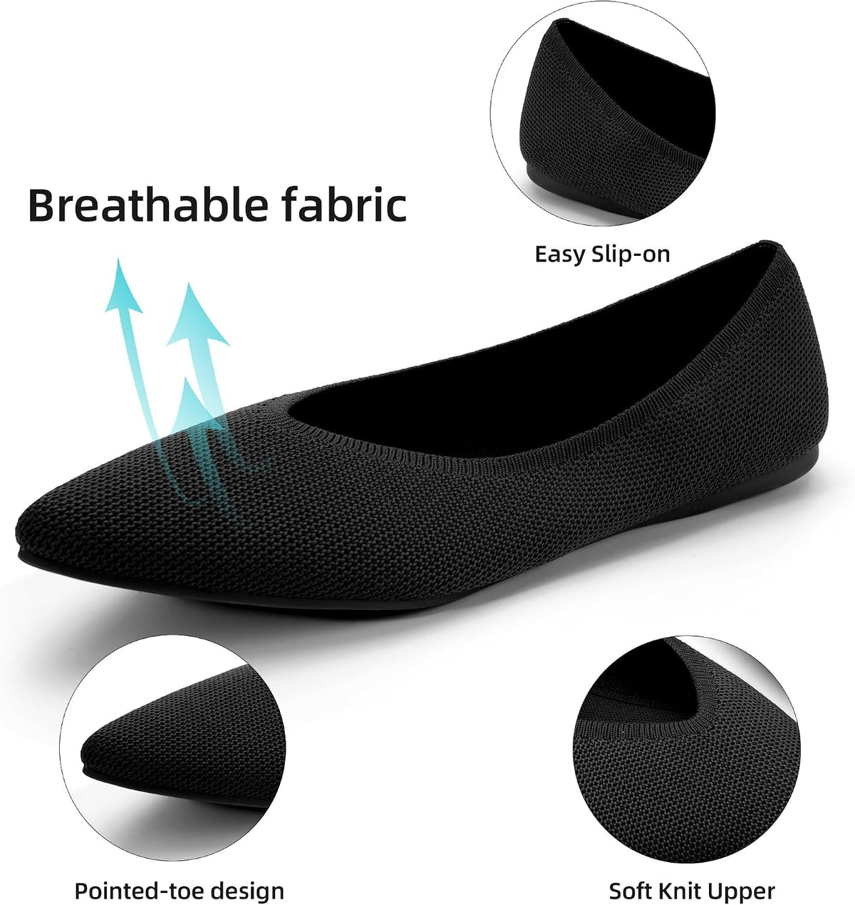 AprCoco Womens Ballet Pointed Toe Knit Flats Lightweight Washable Slip On Flats Shoes for Women Comfort Work Dressy