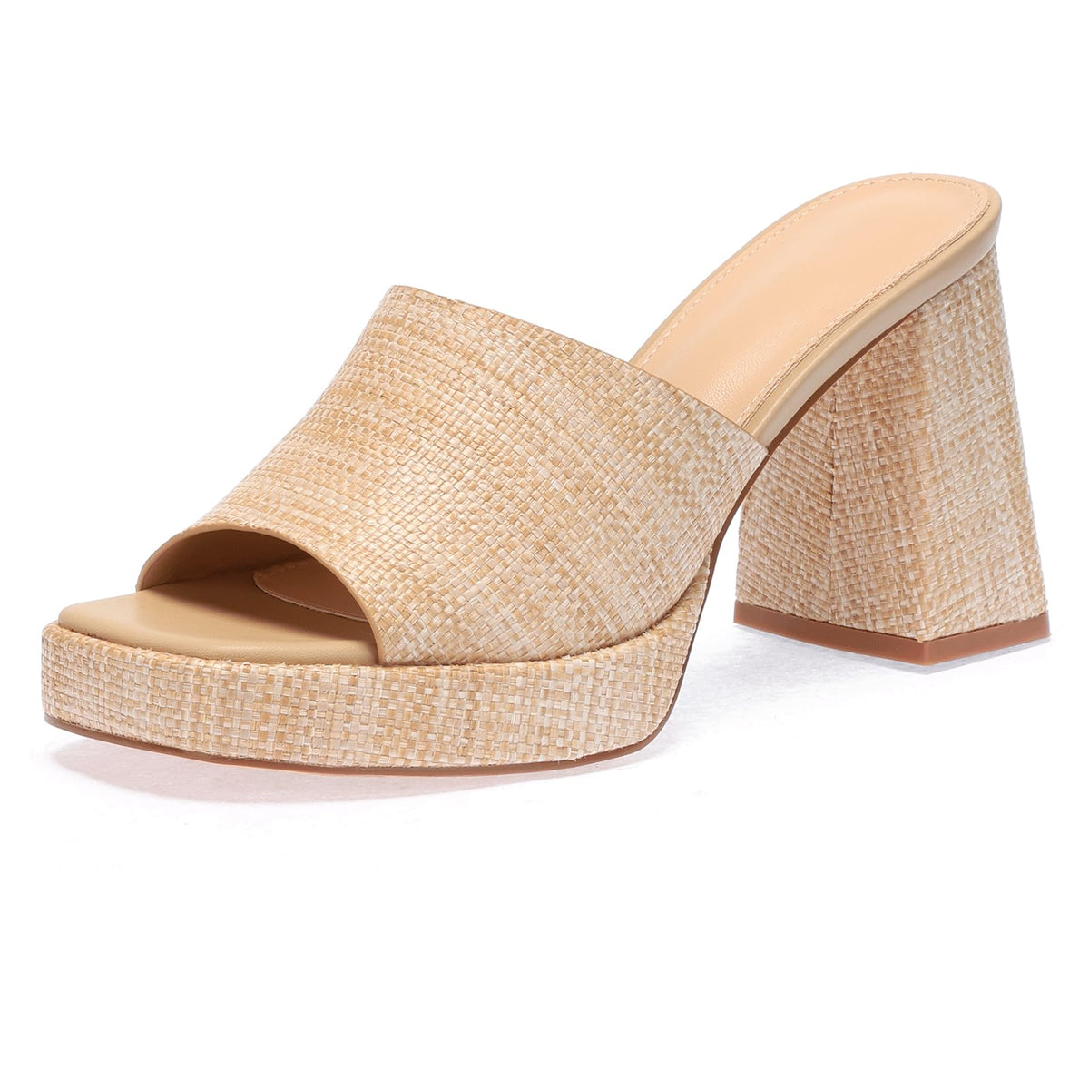 Monrovia Raffia Platform Heels for Women – Chunky Block Open Toe Woven Slides, Natural Straw Summer Dressy Vacation Sandals, Comfortable Heeled Slip On Mules