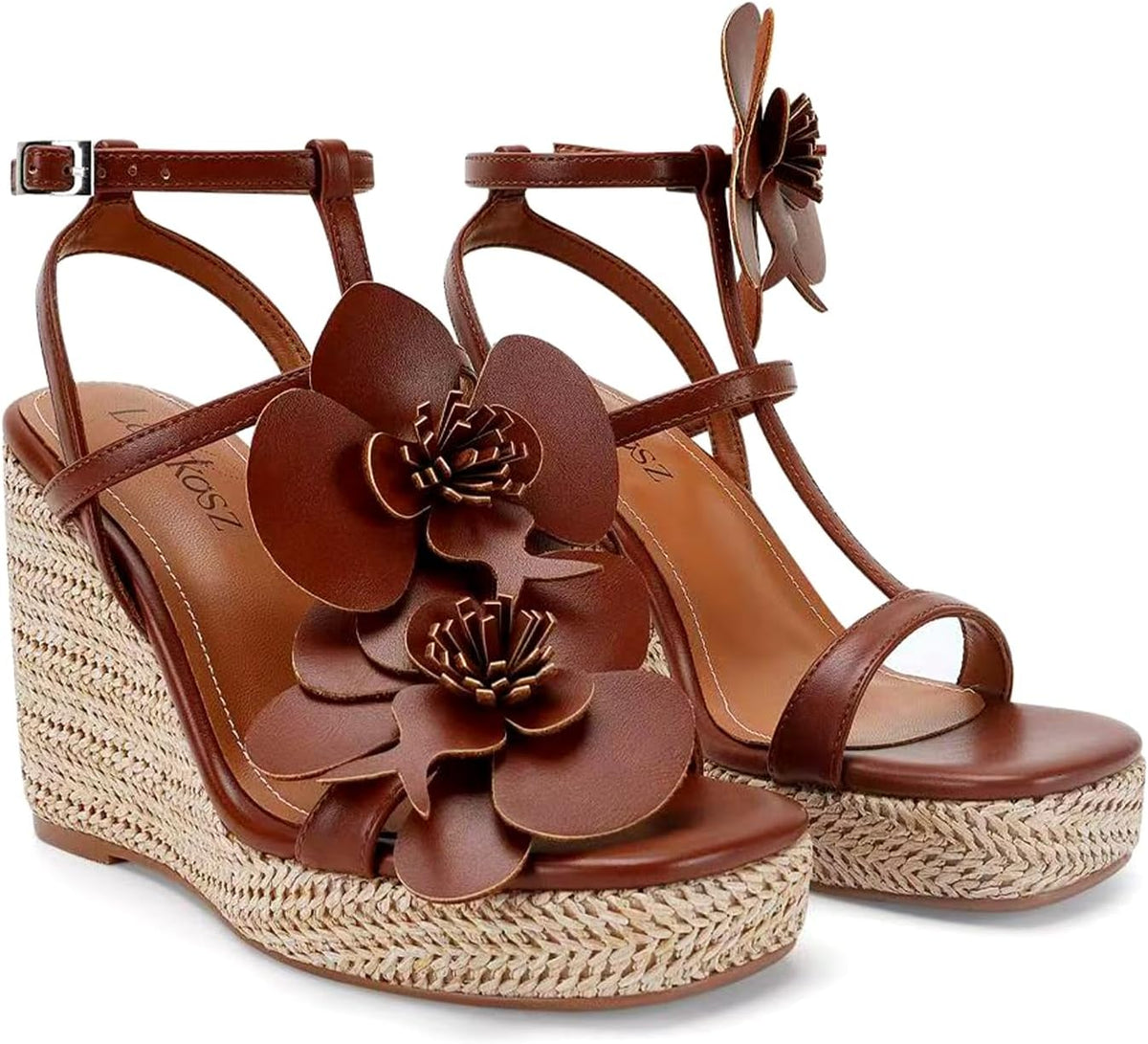 LACIKOSZ Flowers Wedge Sandals For Women Strappy Raffia Platform Heels | Comfortable Open Toe Espadrilles Casual Ankle Wrap Beach Vacation Wedding