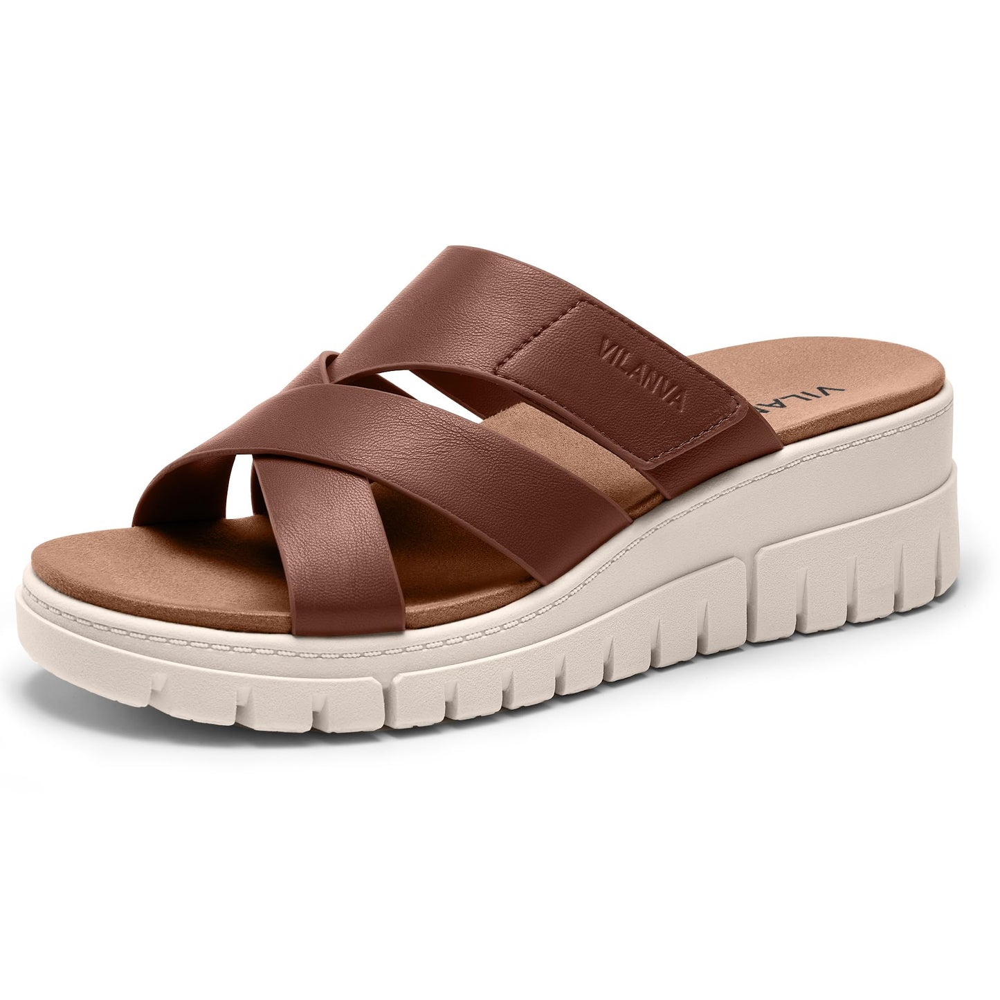 Vilanva Women's Orthopedic Platform Slip On Slides | Comfortable Arch Support, 2-Inch Wedge Heel, Adjustable Velcro Strap