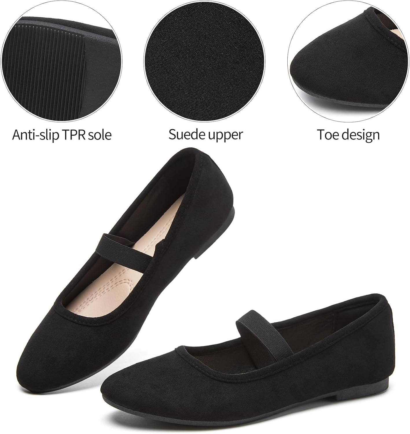 hash bubbie Women's Mary Janes Ballet Flats Suede Dress Shoes | Memory Foam Comfortable Dress Shoes Work Elastic Straps casual dressy ballerina loafers