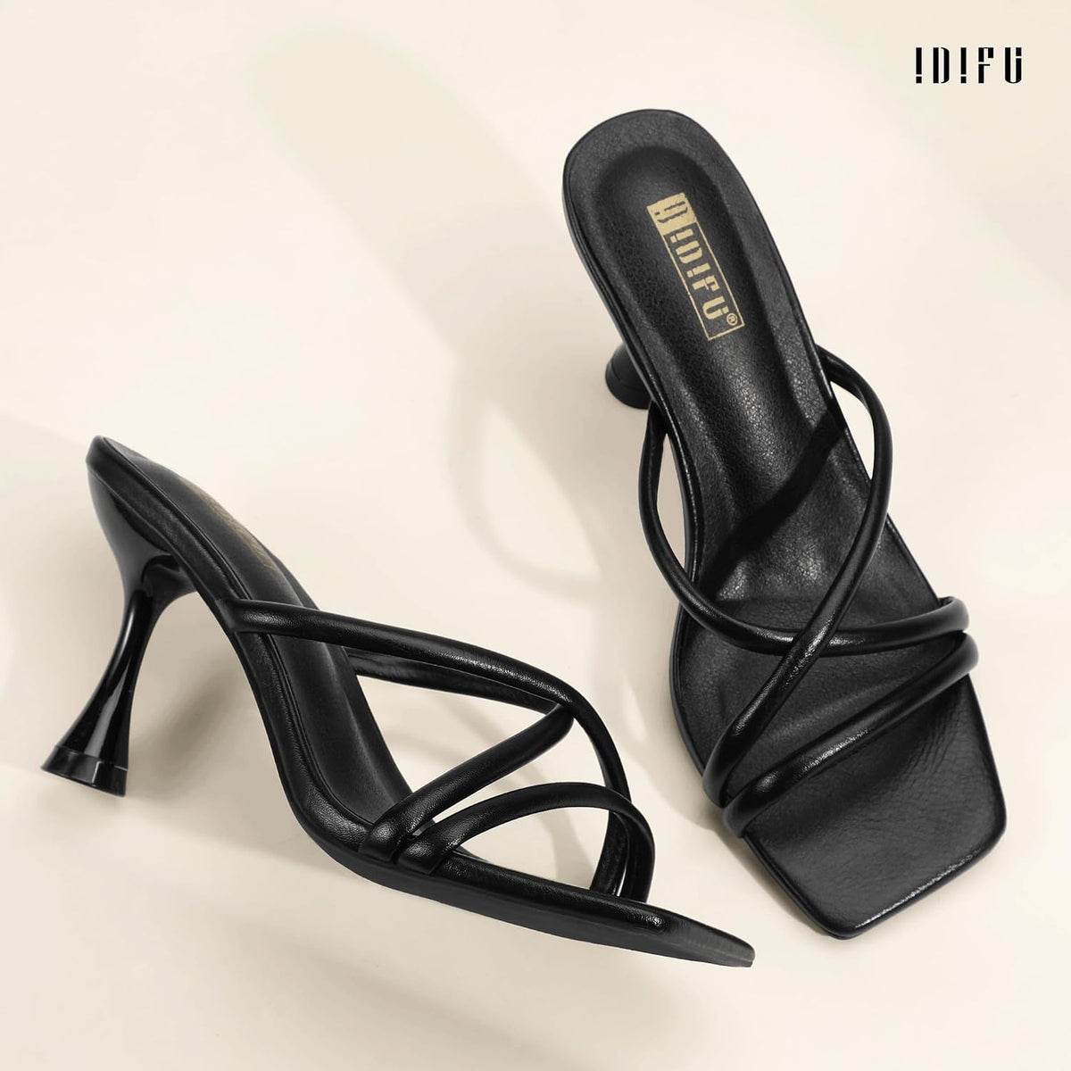 IDIFU Women's Kitten Heels Square Open Toe Sandals | Summer Comfortable Strappy Mule Heel Sexy Stiletto High Heeled Dress Shoes Evening Wedding Prom Bridal Party Graduation