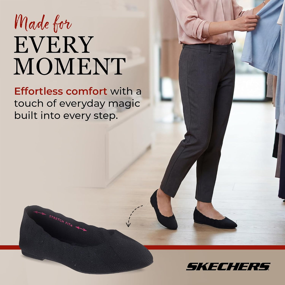 Skechers Women's Cleo Bewitch Ballet Flat | Modern Comfort Casual, Air-Cooled Memory Foam, Stretch Fit, Machine Washable, Vegan