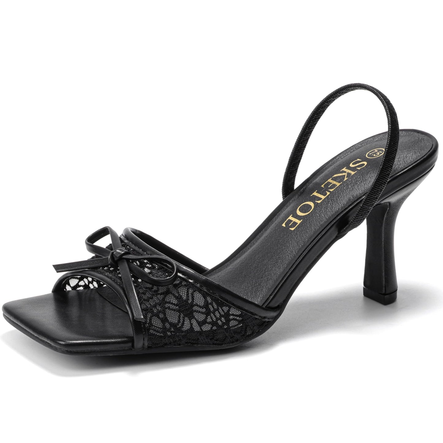 Bow Kitten Heels for Women Square Toe Mesh Sandals Knots Heels for Wedding Party