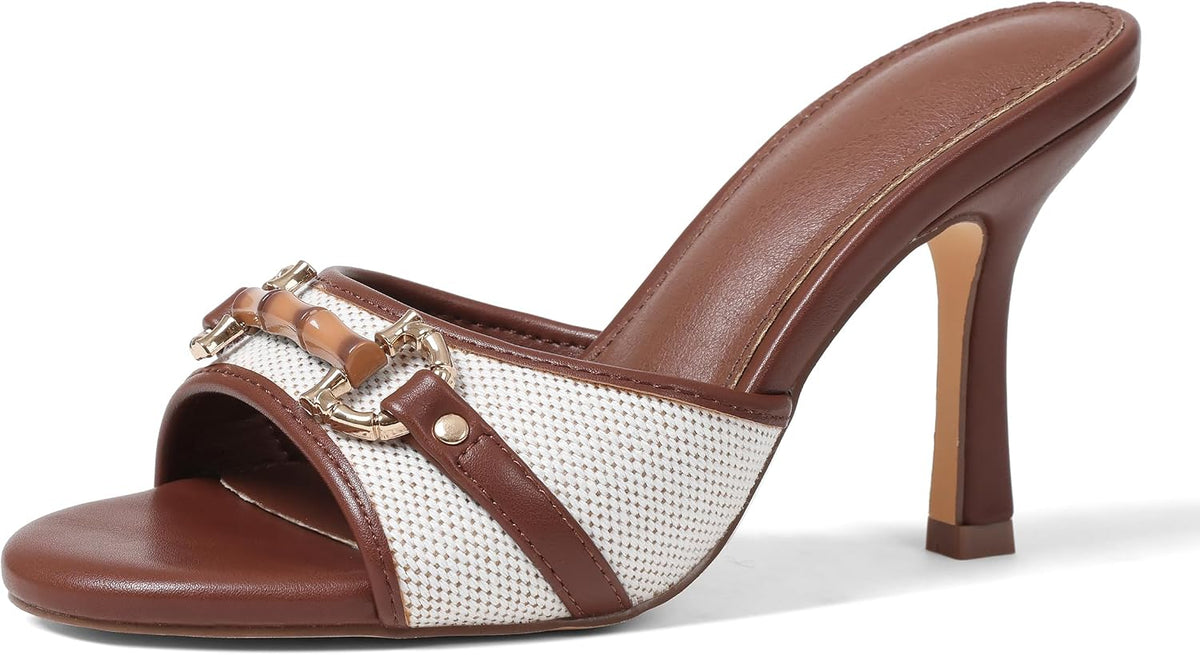 AOSPHIRAYLIAN High Heels Brown Heels for Women Open Toe Kitten Heel Sandals | Unique Buckle·Comfy Padded·Round Toe·3.3" Heel Height·Leather Upper·Peep Toe·Lightweight —Summer, Wedding, Party to Office