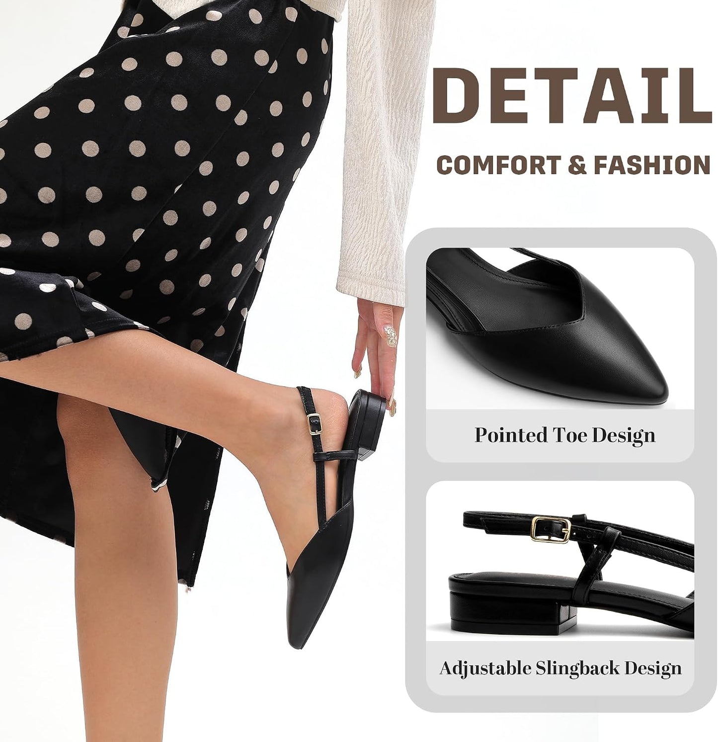 Slingback Flats for Women Closed Pointed Toe Buckle Strap Dress Shoes Elegant Ballet Flats Low Heel Walking Wedding Party