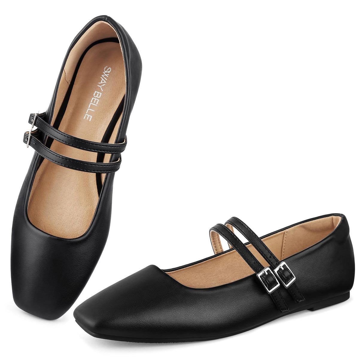 Womens Mary Jane Flats Double Straps Ballet Flats Slip On Casual Shoe | Adjustable Buckle, PU Leather, Breathable Lining, Square Toe Shoes for Women