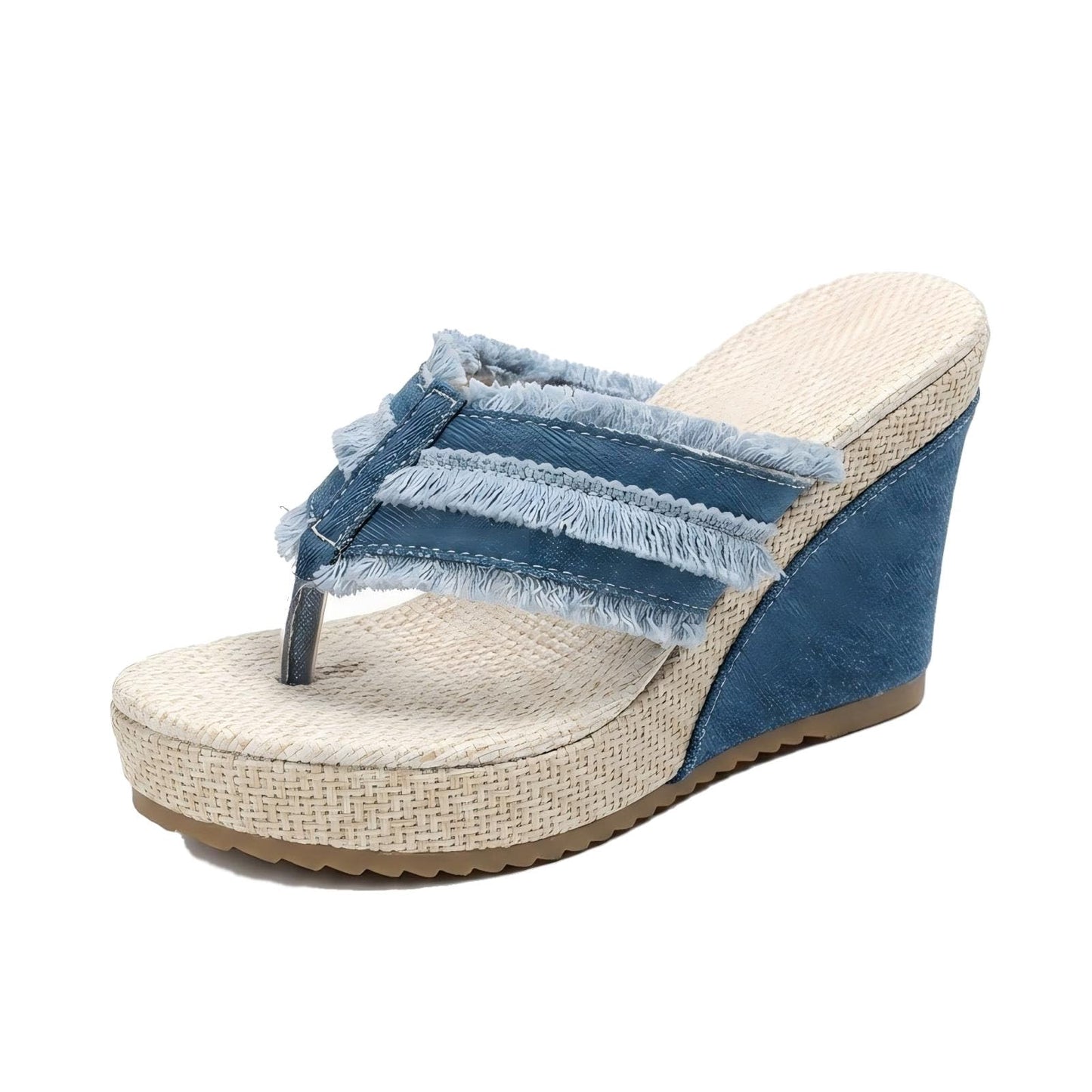Denim Wedge Slide Mules with Double Buckle Espadrille Platform for Women | Frayed Trim Wide Band Open Toe Slip-On Sandals with Adjustable Hardware Cushioned Comfort for Beach Vacation Daily Wear