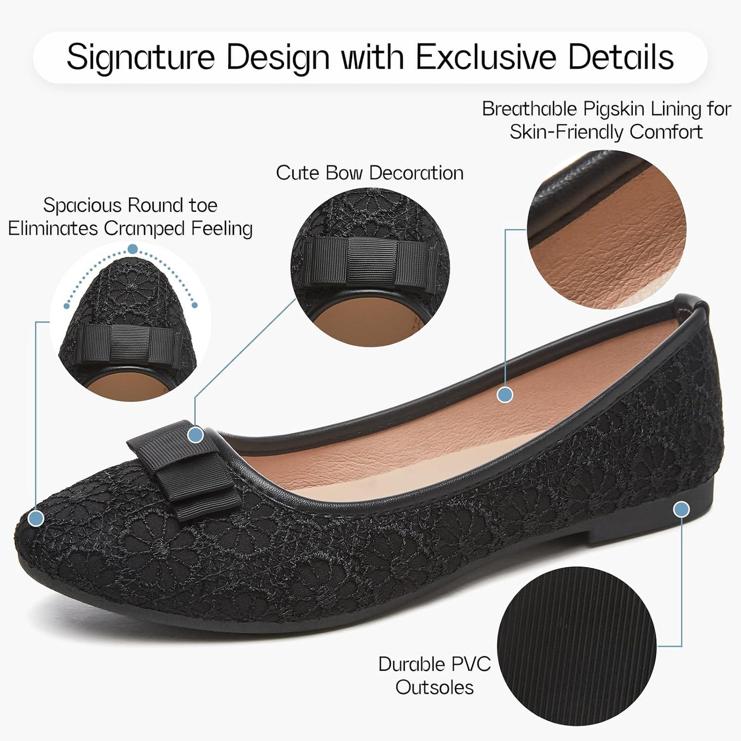 Shupua Black Flats Womens Dress Shoes Comfortable Slip On Ballet Flat | Dressy Lace Ballerina Shoes with Cute Bow, Cushioned Insole, Casual, Formal, Work, Bridal, Wedding, Comfort, Ladies