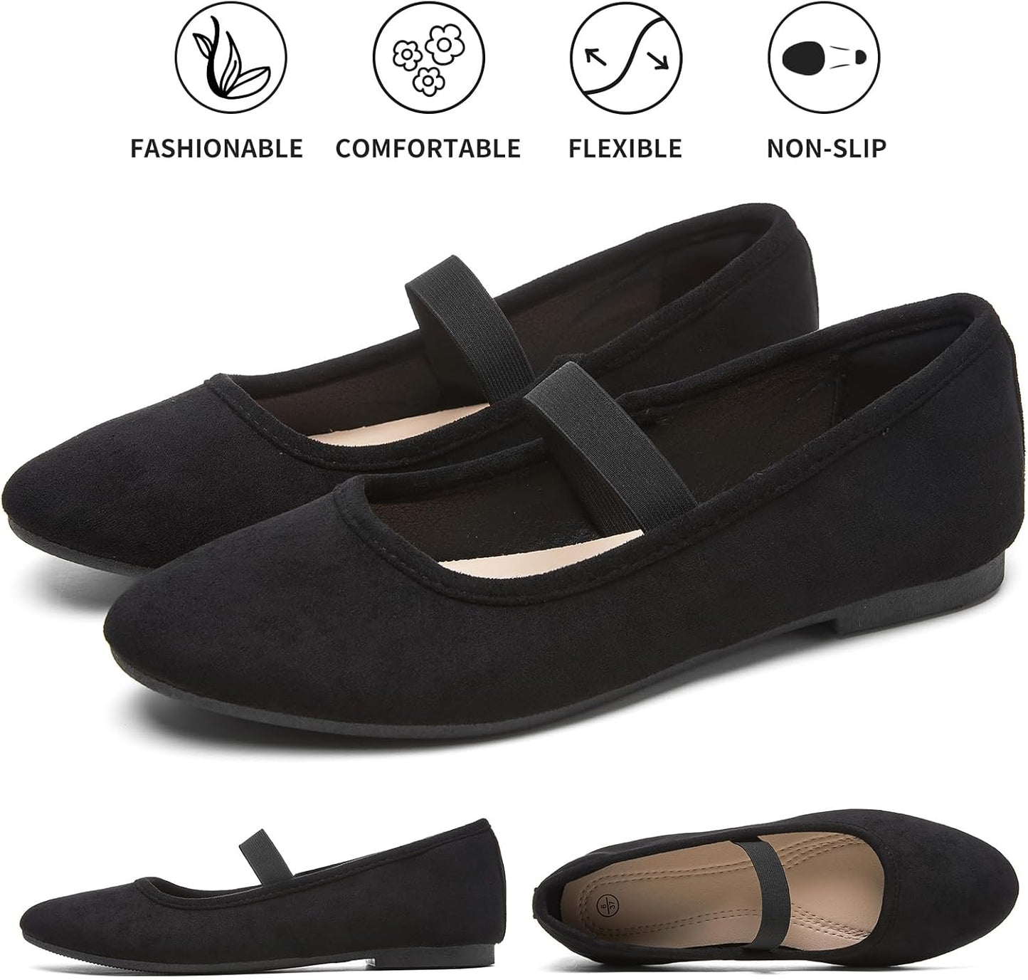 hash bubbie Women's Mary Janes Ballet Flats Suede Dress Shoes | Memory Foam Comfortable Dress Shoes Work Elastic Straps casual dressy ballerina loafers