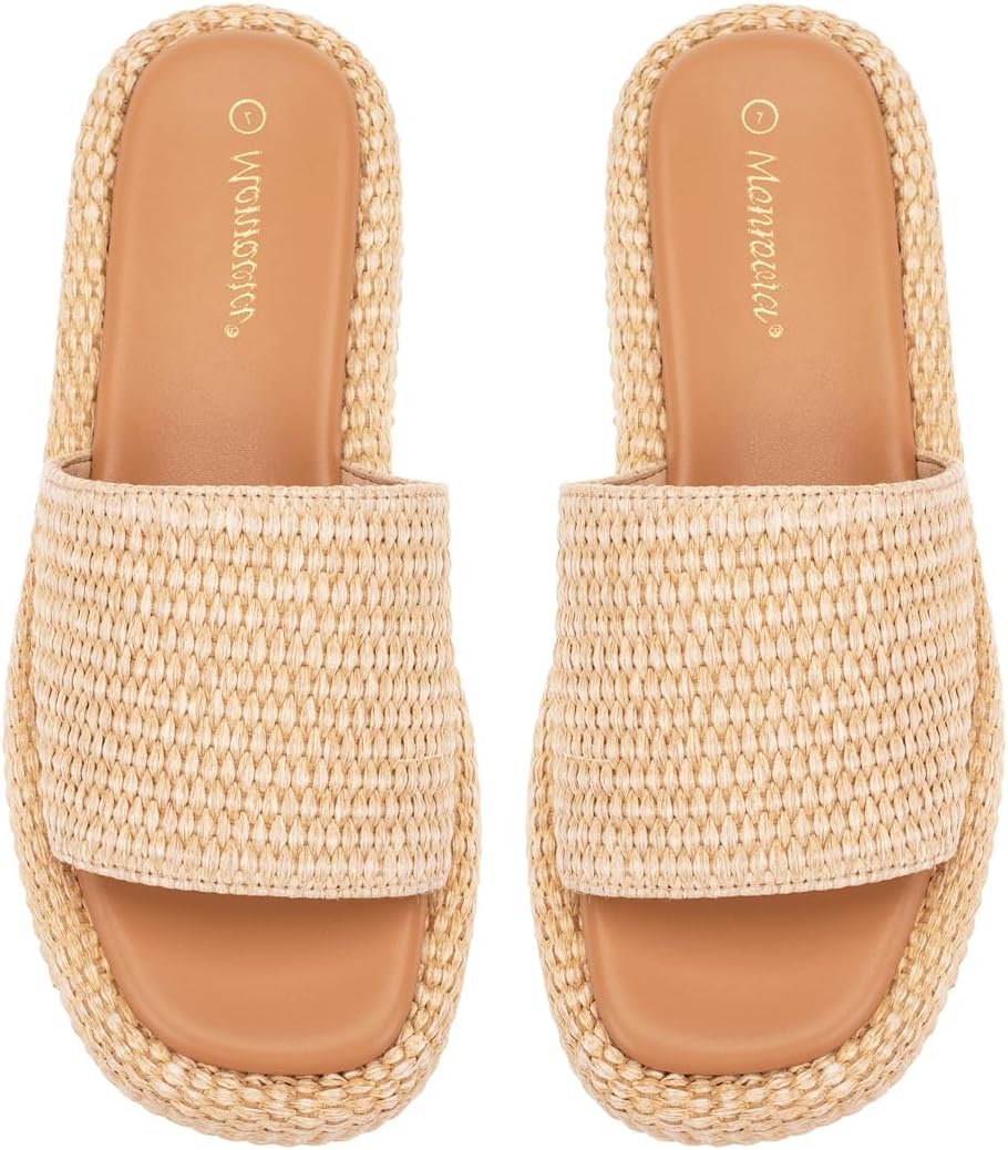 Monrovia Platform Sandals Women Raffia Espadrille Slides, Woven Straw Flatform Beach Sandals Women, Slip On Summer Vacation Shoes, Comfortable Casual Daily Wear