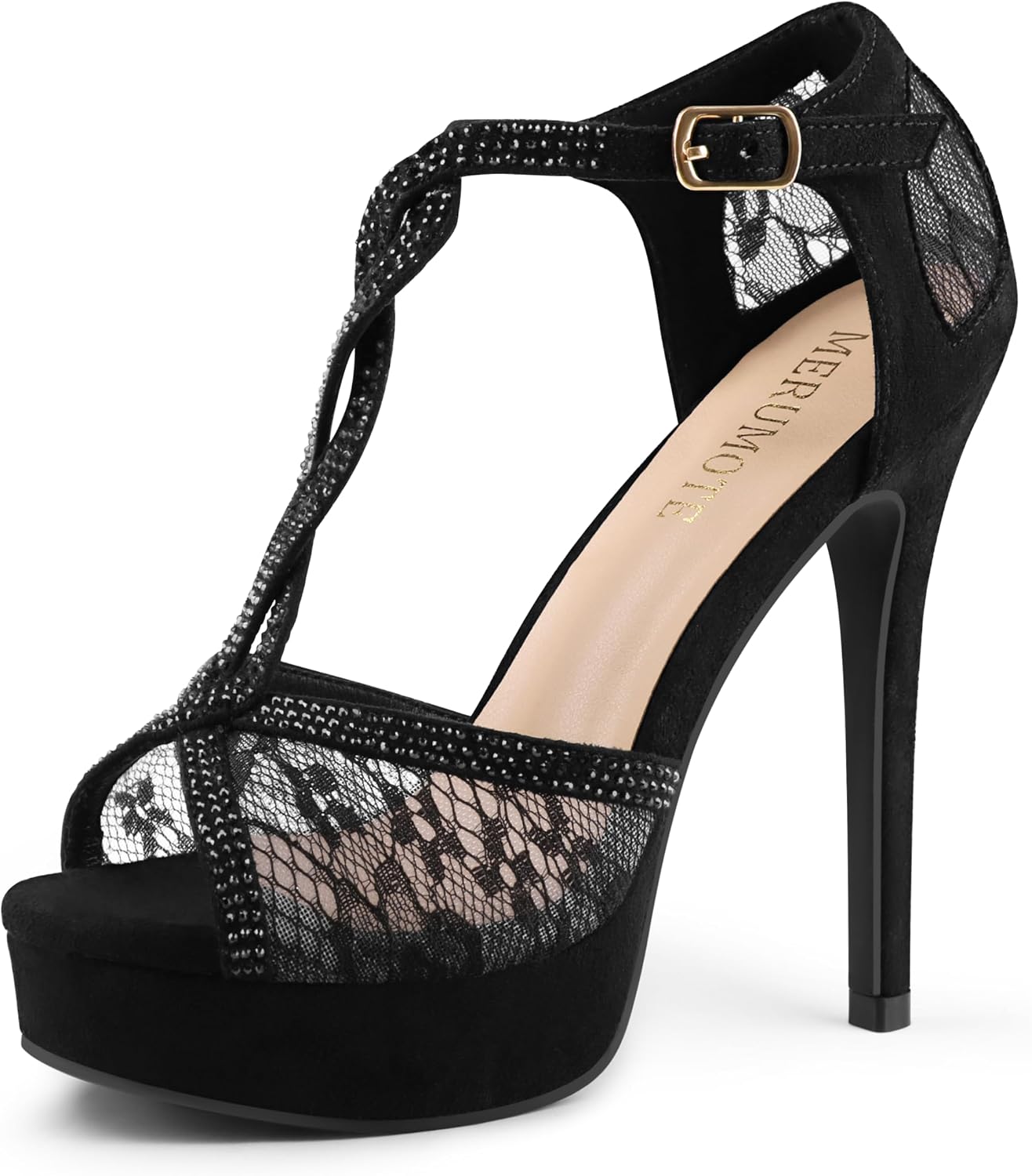 MERUMOTE Peep Toe Platform Stilettos Rhinestone Heels Lace Heels for Women | Sparkly Rhinestone Heels, Glitter Heels, Prom Party Shoes, Evening Shoes