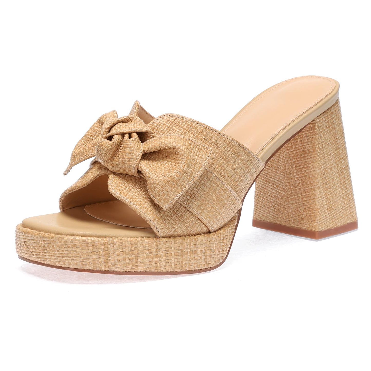 Monrovia Raffia Platform Heels for Women – Chunky Block Open Toe Woven Slides, Natural Straw Summer Dressy Vacation Sandals, Comfortable Heeled Slip On Mules