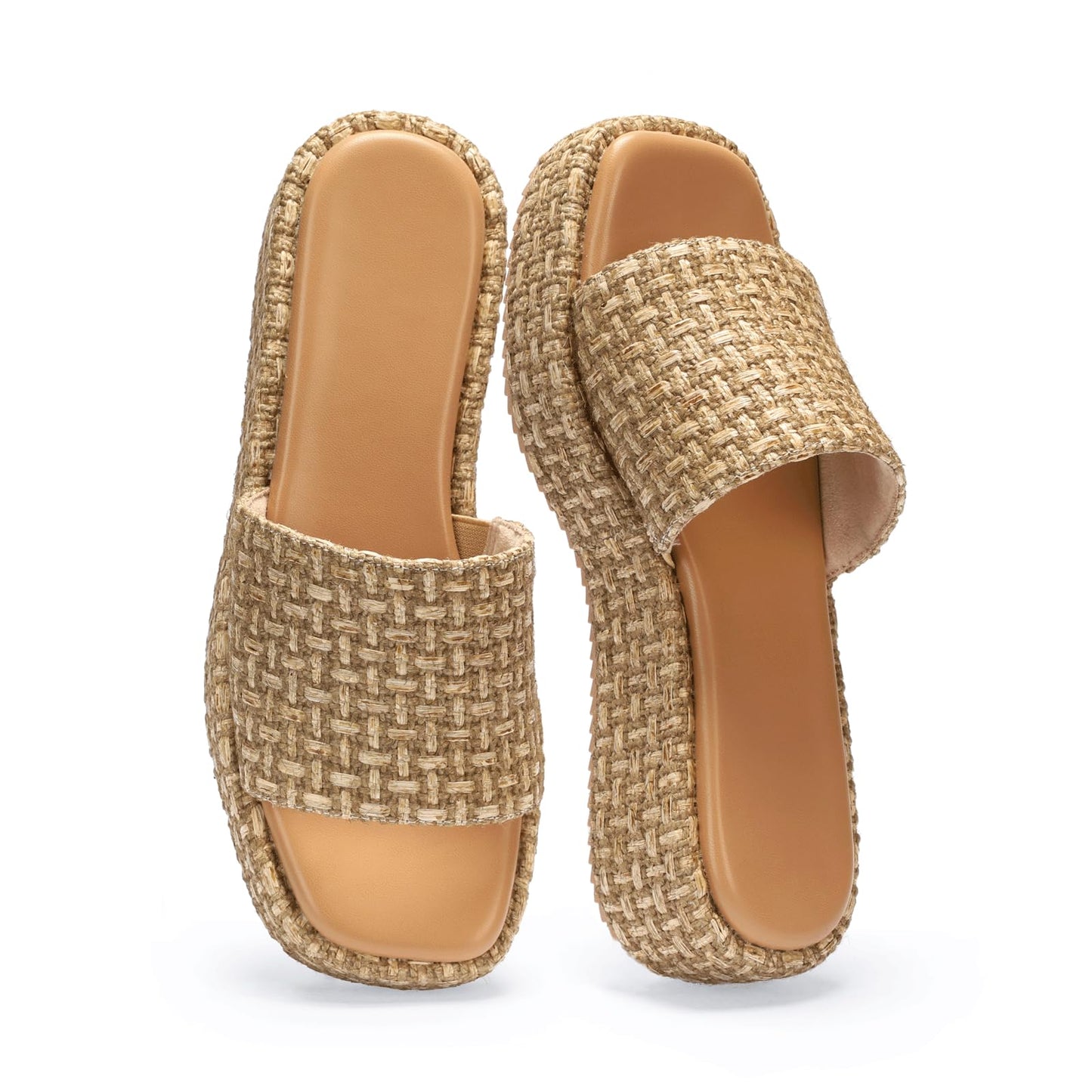 Monrovia Platform Sandals Women Raffia Espadrille Slides, Woven Straw Flatform Beach Sandals Women, Slip On Summer Vacation Shoes, Comfortable Casual Daily Wear