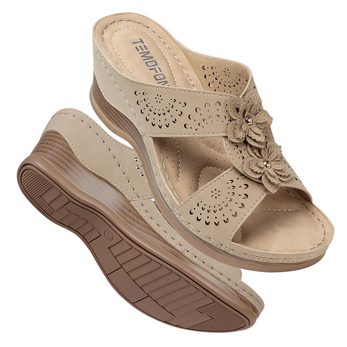 TEMOFON Womens Wedge Sandals Leather: Comfortable Walking Shoes Summer | Fit Wide Foot - Cute Style - Wear True Size 5-11