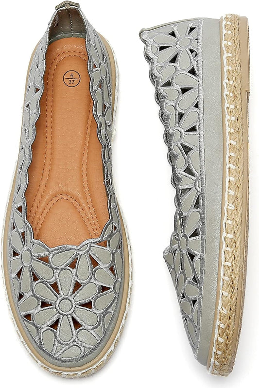 HEAWISH Women's PU Leather Ballet Flats Espadrille Loafers | Slip-on ballet flats with espadrille-style sole, closed-toe design, for dressy & casual summer wear