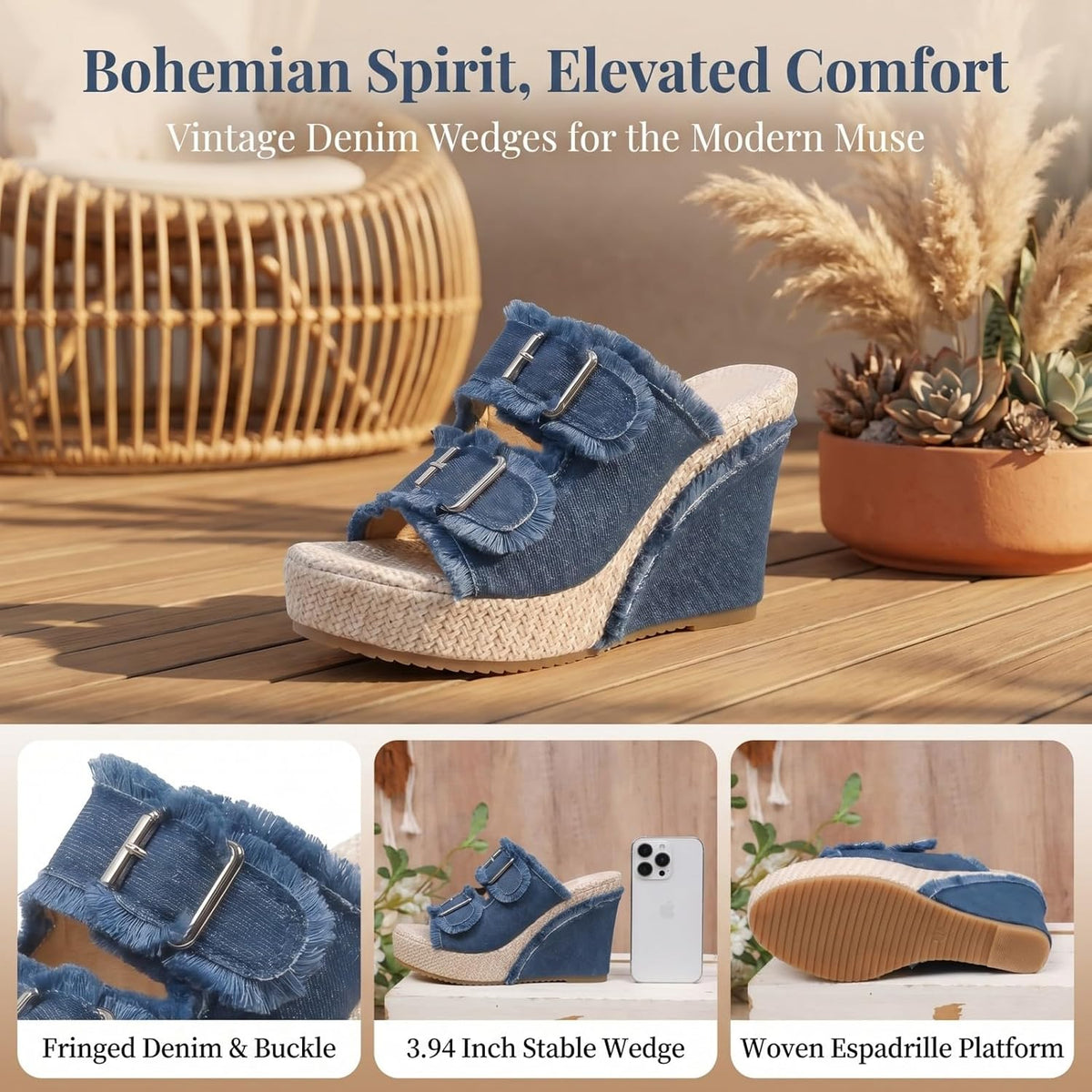 Denim Wedge Slide Mules with Double Buckle Espadrille Platform for Women | Frayed Trim Wide Band Open Toe Slip-On Sandals with Adjustable Hardware Cushioned Comfort for Beach Vacation Daily Wear