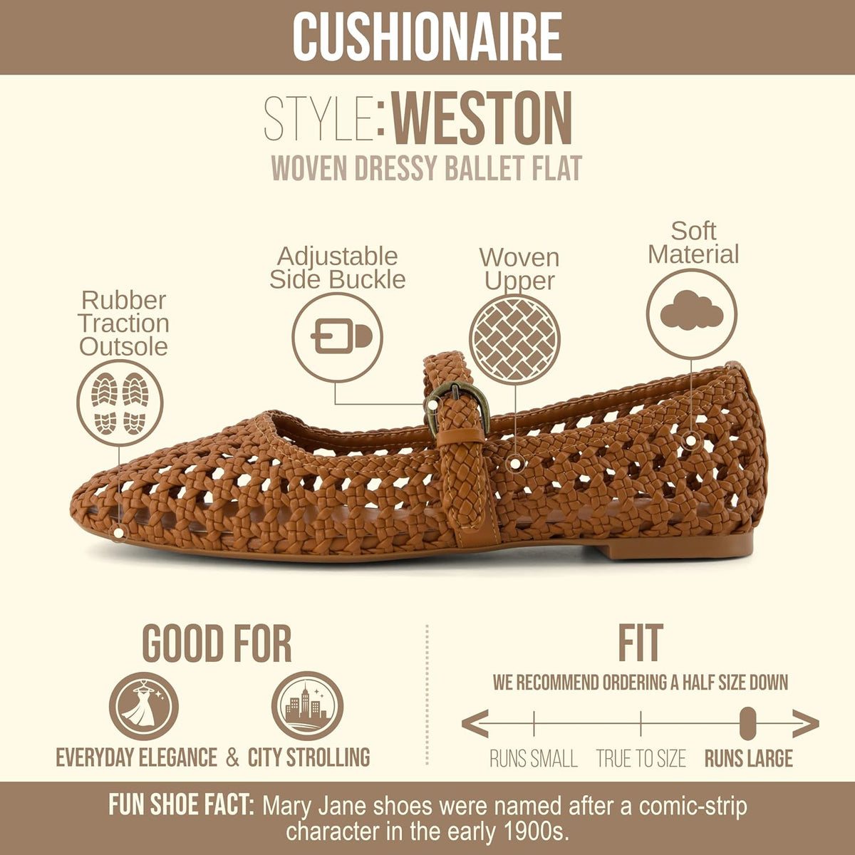 CUSHIONAIRE Weston Hand Woven Mary Jane Flats for Women, Comfortable Dressy Ballet Flats with Braided Adjustable Buckle and Memory Foam Cushioning
