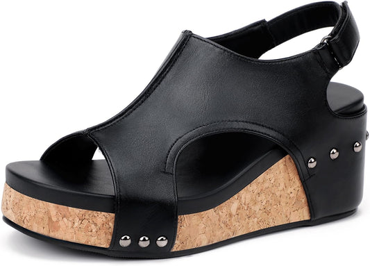IDIFU IN3 Women's Platform Wedge Sandals Cork Open Toe Comfortable Sandal | Casual Dressy Summer Lightweight Adjustable Slingback Platform Wedge Shoes Sandals
