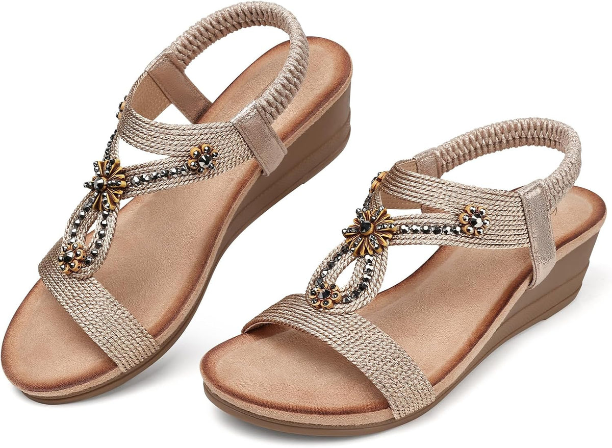 SHIBEVER Womens Wedge Sandals Dressy: Comfortable Low Heels Sandals Summer | Elastic Back Strap, Open Toe, with Cushioning, Arch Support Casual Dress Shoes for Walking Beach Travel Vacation Size 5-12