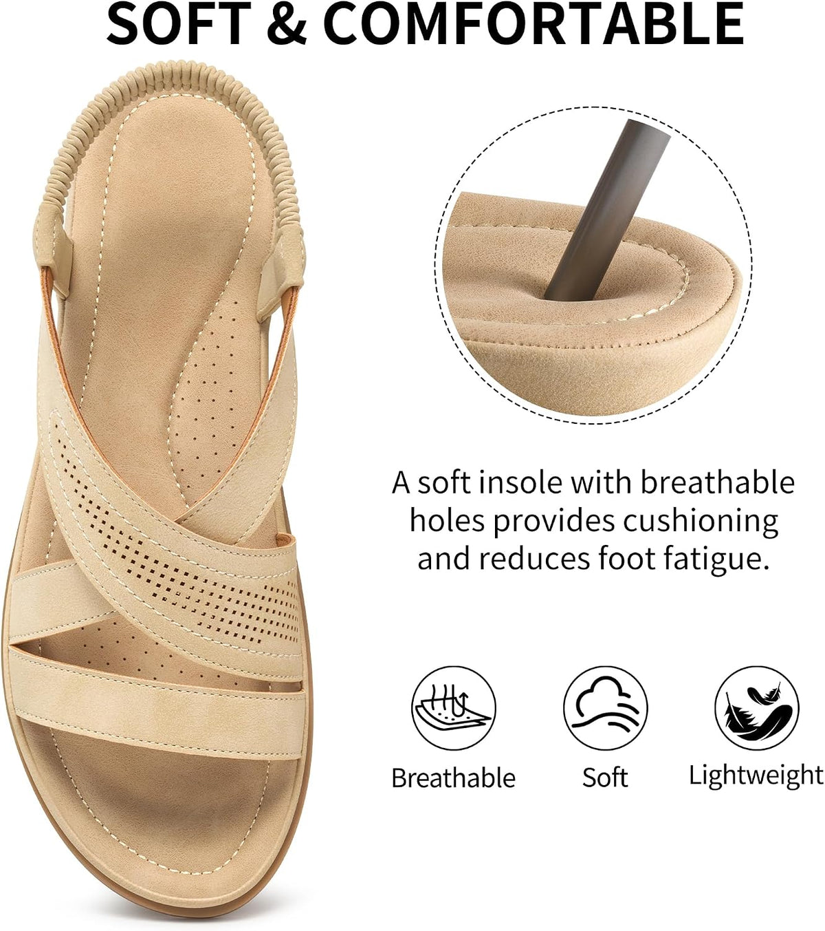 Women's Comfortable Flat Sandals: Open Toe Perforated Cross Straps & Elastic Slingback - Non-Slip Dressy Summer Shoes for Walking Vacation
