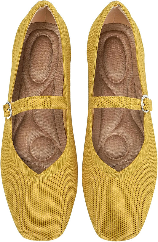 Knit Flats for Women Square Toe Casual Ballet Flat Shoes with Ankle Strap Washable Comfortable Formal Mary Jane Flat Shoes