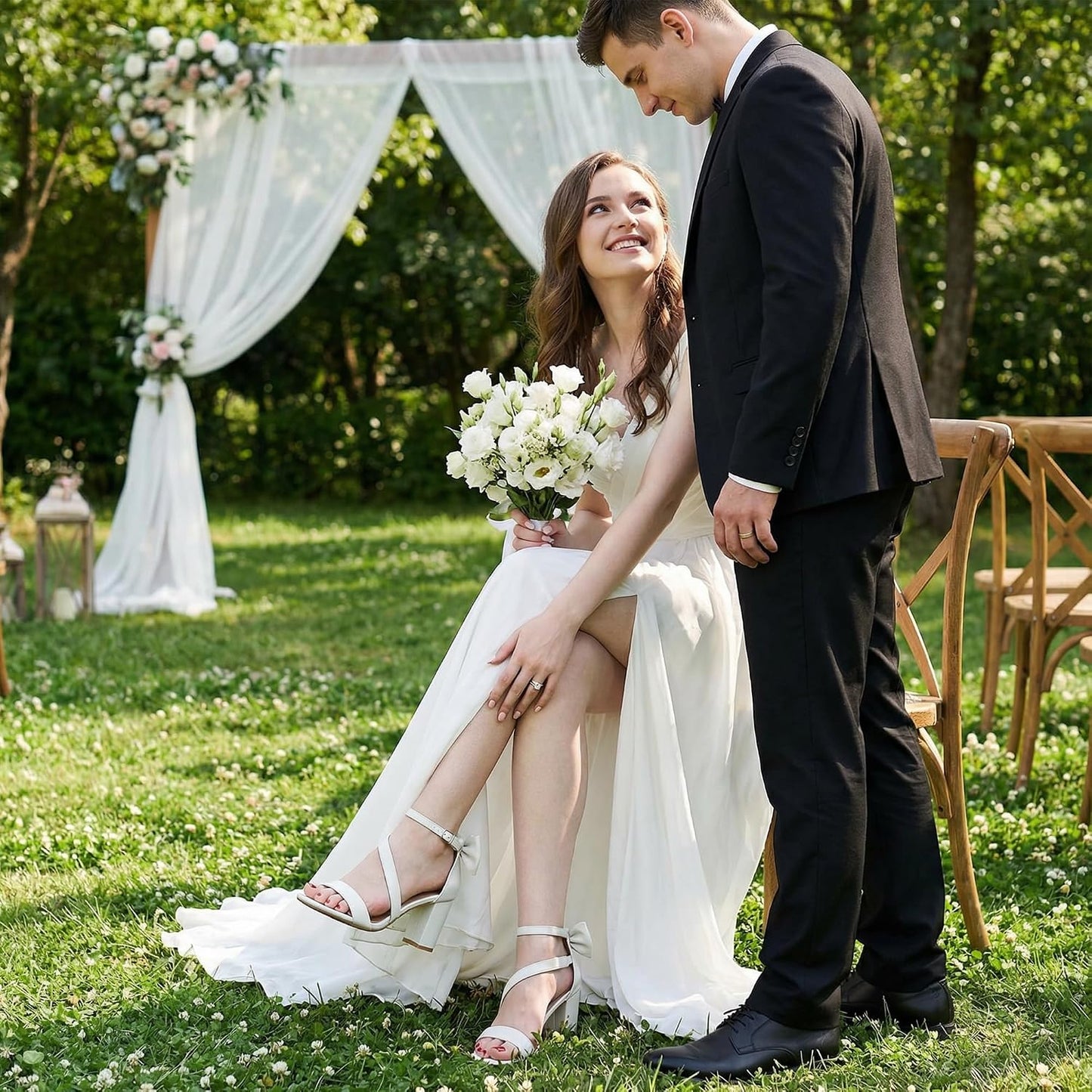 Reimferce Comfortable Block Heels for Women: 3.14" Stable Walk for Confidence on Wedding - Elegant Bow Ankle Strap & Cushioned Insole for Bride & Bridesmaids